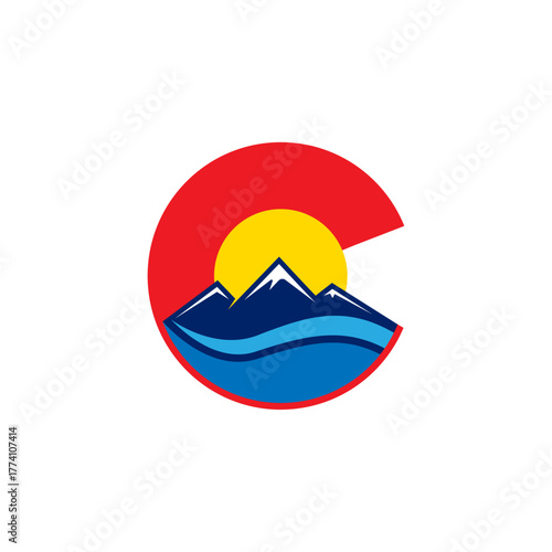 letter C initial with sun, mountain, lake and sea