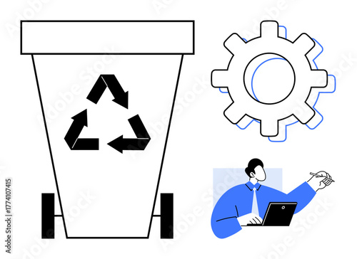 Recycling bin with arrows, cogwheel symbolizing process, and businessperson working on laptop. Ideal for sustainability, workflow, process management, efficiency, ecology, teamwork innovation