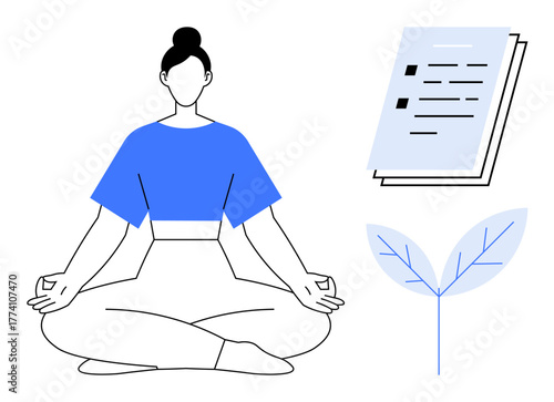 Woman sitting in lotus position practicing meditation, documents representing work, and a plant symbolizing growth. Ideal for wellness, mindfulness, work-life balance, productivity, self-care, focus