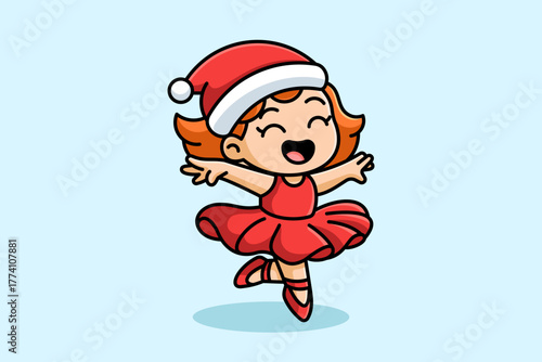 Cute dancing girl wearing Santa hat in cartoon style