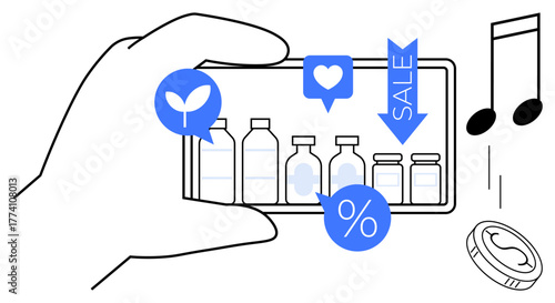 Hand holds smartphone displaying product bottles, heart, eco icon, sale tag, and percentage. Ideal for e-commerce, marketing, eco shopping, digital sales affordability online retailing simple flat