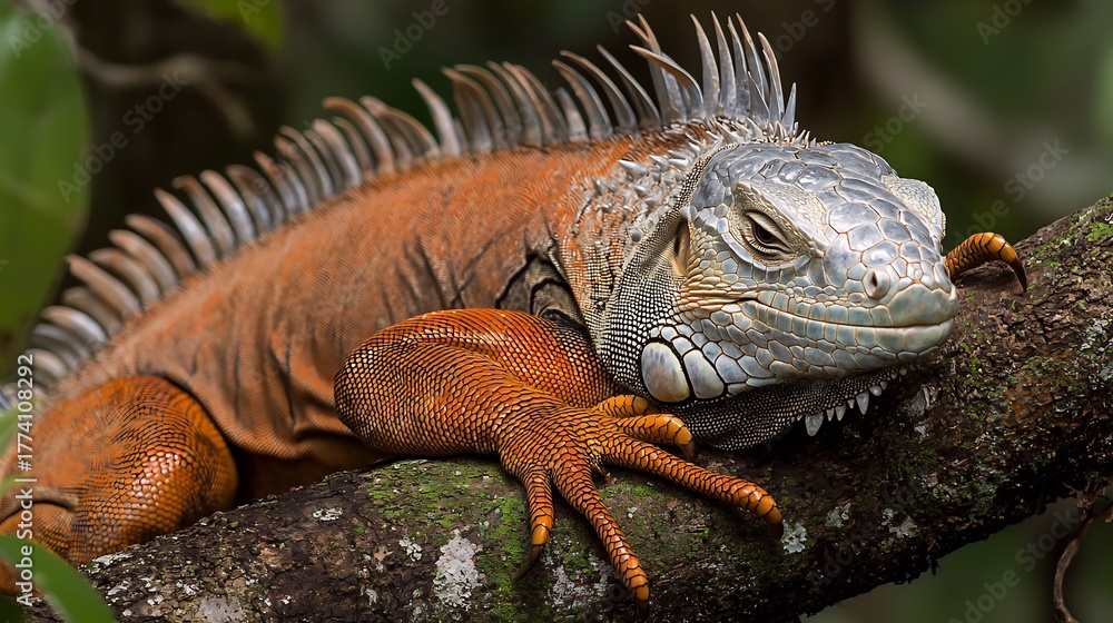 Fototapeta premium Green Iguana Resting Lazily Tree Limb Under Tropical Sun Scale Covered Body and Calm Expression Natural Wildlife Captured In Vivid Nature Setting