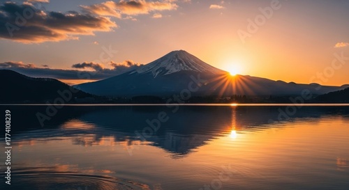 Wallpaper Mural Snowy mountain at sunset reflected in lake, with vibrant orange light Torontodigital.ca