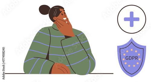 Person thinking with a GDPR compliance shield and a medical cross icon. Ideal for data protection, cyber security, healthcare access, digital regulation, legal concepts, compliance, simple flat