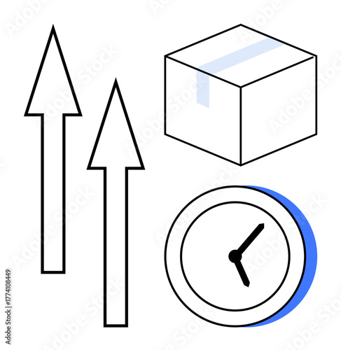 Box with tape, two upward arrows, and a circular clock highlighting punctual delivery, growth, logistics, and efficiency. Ideal for shipping, supply chain, time progress productivity goal