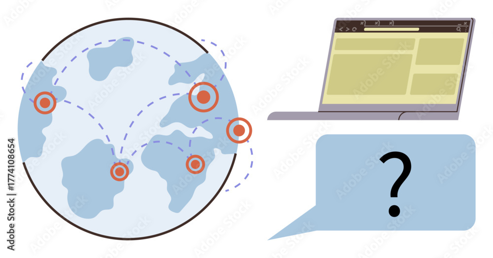 Fototapeta premium Globe with location markers and dotted paths, laptop with web interface, speech bubble with question mark. Ideal for global connectivity, communication, technology, collaboration, networking, online