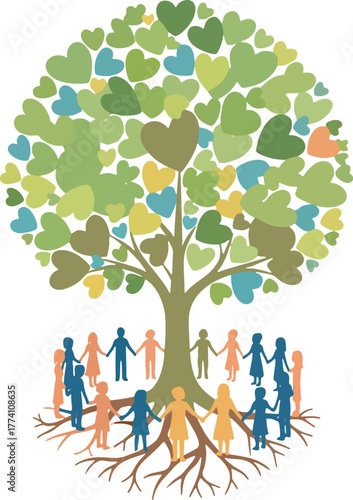 People from around the world hold hands in a circle under a large tree with heart leaves, representing love, community, and global kindness