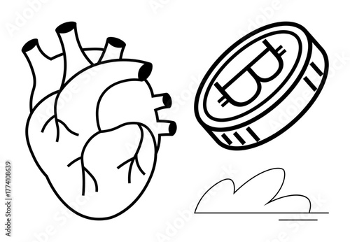 Anatomical heart beside Bitcoin coin with minimalist shapes. Ideal for finance, cryptocurrency, emotion, health, technology, investment, and value connection concepts. Simple flat metaphor