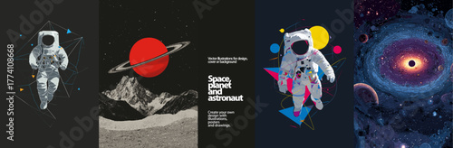 Retro Space Exploration Vector: Vintage astronauts, planets, and cosmic landscapes. Perfect for sci-fi posters, abstract art, and futuristic design backgrounds.