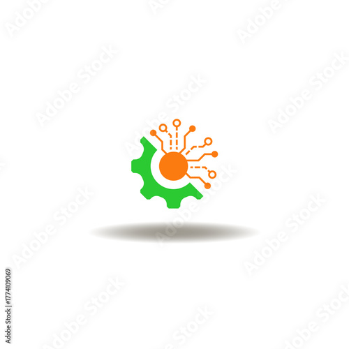 Vector illustration of cog wth electronic circuit. Symbol of digital transformation. Icon of modernization technology.