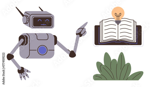 Robot gestures toward open book with glowing lightbulb, symbolizing education, technology, innovation, learning, AI, creativity, growth. Ideal for education AI learning tech development simple
