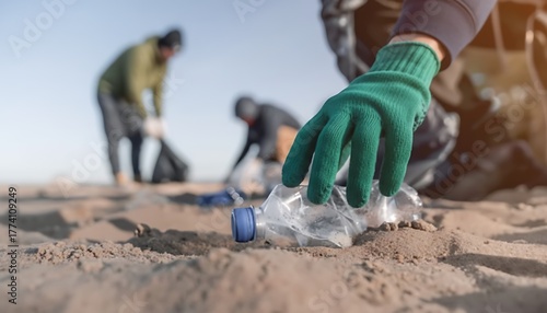 Volunteer collecting plastic waste on the beach
