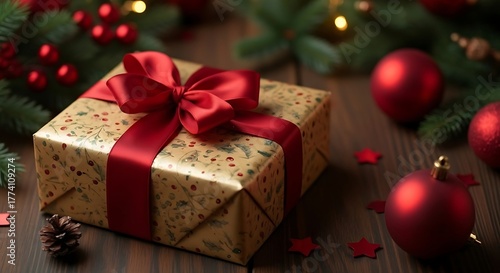 Christmas gift box with red ribbon and festive lights