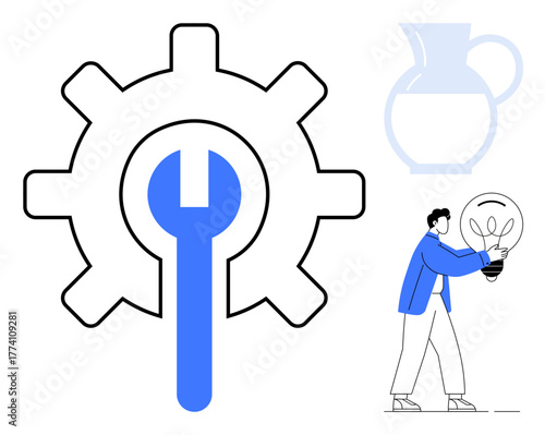 Gear and wrench for innovation and efficiency, person with lightbulb for ideas, pitcher for resources. Ideal for solutions, engineering, teamwork, creativity, brainstorming, productivity simple flat