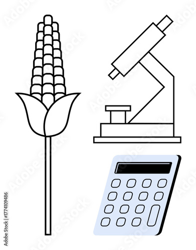 Corn stalk combines with a microscope and calculator, representing agriculture, technology, and research. Ideal for farming innovation, sustainability, biotech, education, data analysis economics