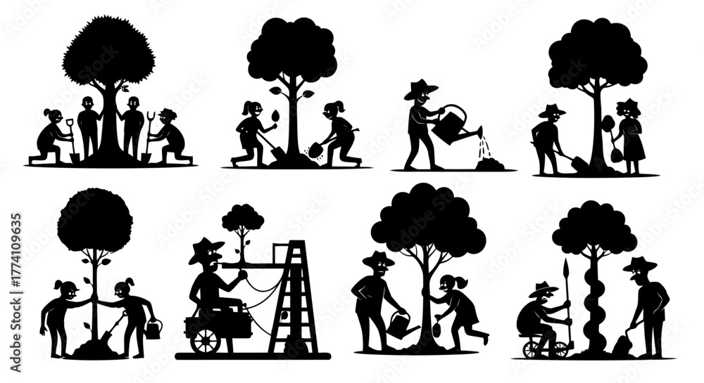 Naklejka premium Arbor Day Silhouette Collection People Planting Tree Ecology Garden Environment Conservation Volunteer Community Sustainability Seedling Growth Nature Forest Earth Ecosystem