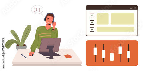 Support agent with headset working at desk, checklist window and control panel. Ideal for customer service, workflow, communication, user support, management, settings efficiency. A simple flat