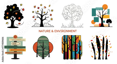 Autumn Nature and Environment Vector Set Illustrations with Abstract Fall Trees Leaf and Forest Designs for Eco Projects Landscaping Art and Outdoor Graphic Elements