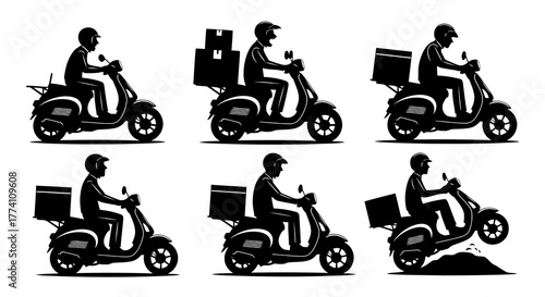 Scooter Delivery Silhouette Vector Illustrations Featuring Courier Service Vehicle Transportation and Motorcycle Design with Rider Package and Fast Transport