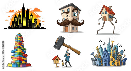 Cartoon Cityscape and Buildings Collection Fun Design Elements Houses Skyscrapers Urban Landscape Construction Home Imagination Real Estate Property Facade