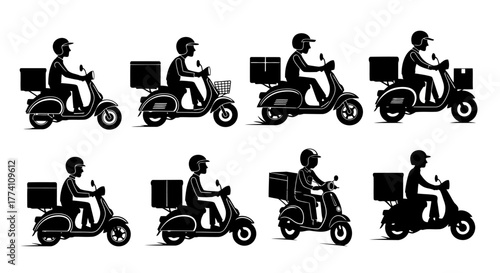 Scooter Delivery Silhouette Vector Art with Food and Goods Courier Transportation Motorcycle and Rider Design Featuring Package Box and Express Service
