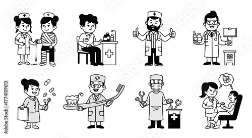 Medical Staff Silhouette Vector Illustrations Featuring Doctors Nurses and Healthcare Professionals Holding Tools and Giving Care with Medicine and Aid