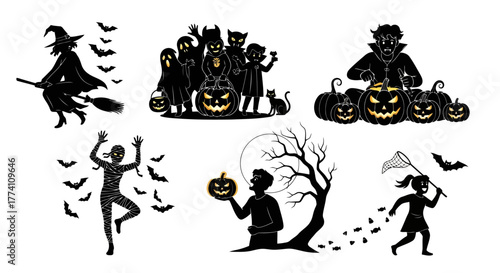 Silhouette Collection Featuring Witch, Monster, Vampire, Mummy, and Children with Pumpkins and Bats