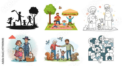 Family Picnic Time Illustration Father Mother Kids Outdoors Fun Food Sandwich Park Leisure Summer Happiness Nature Parents Children Lifestyle Activity
