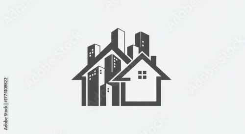 Wallpaper Mural Simple grayscale illustration merging house and city skyscrapers, representing urban dwelling Torontodigital.ca