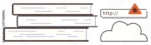 Stack of books alongside cloud icon and malware warning in a URL bar, representing knowledge, cloud storage, cybersecurity threats, education, digital collaboration, online learning, and data sharing