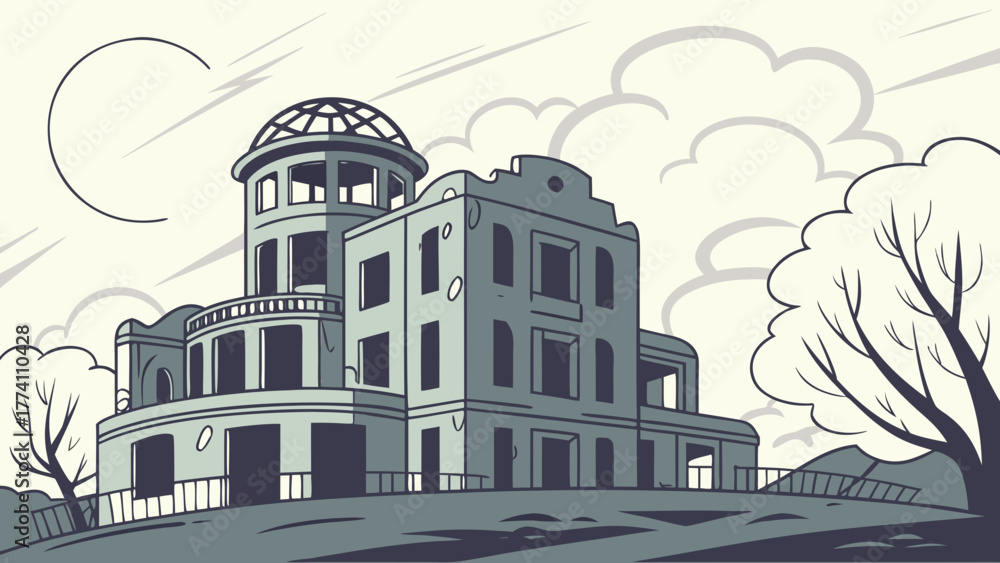 Obraz premium Historic Ruined Dome Building Illustration on Hill with Trees and Sky - Vector Art for Remembrance and Travel