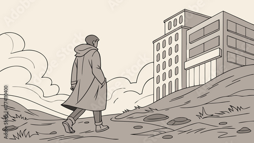 Man in coat walking towards modern building on a hill. Monochrome vintage illustration of urban development concept.
