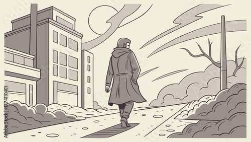 Lone figure walks through a desolate urban industrial landscape. Monochrome illustration depicting decay, solitude, and a bleak, post-apocalyptic m...