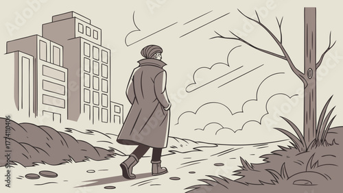 Solitary figure walks from city to desolate path, monochrome illustration of urban escape, journey, and introspection.