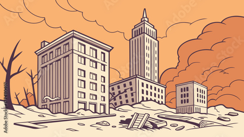 Devastated urban landscape illustration with damaged buildings and debris under an orange, smoky sky, symbolizing disaster or decay.