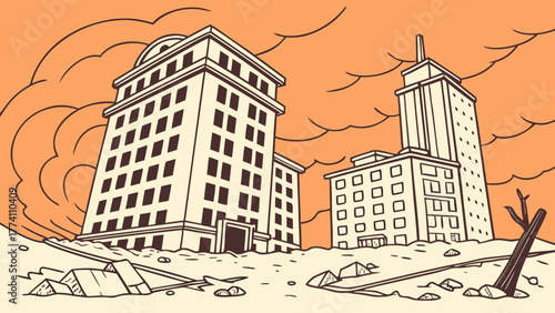 Post-apocalyptic urban landscape illustration featuring damaged city buildings and a smoky orange sky, depicting environmental disaster.