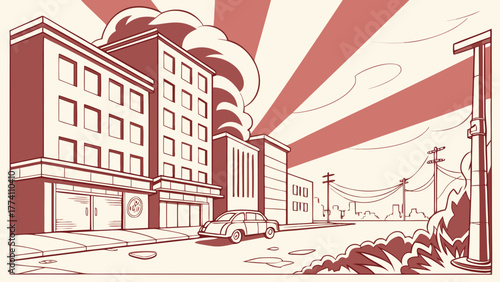 Retro urban street scene illustration with classic car, buildings, and dramatic sun rays