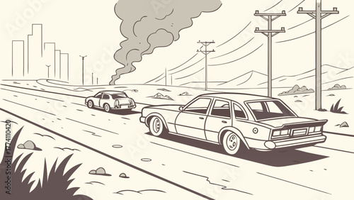 Retro cars driving on a highway towards a polluted city skyline. Monochrome illustration of urban and industrial transport.