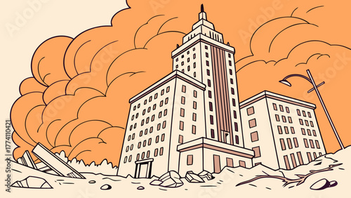 Urban destruction illustration: Tall building amidst smoke and rubble, aftermath of a catastrophic event.