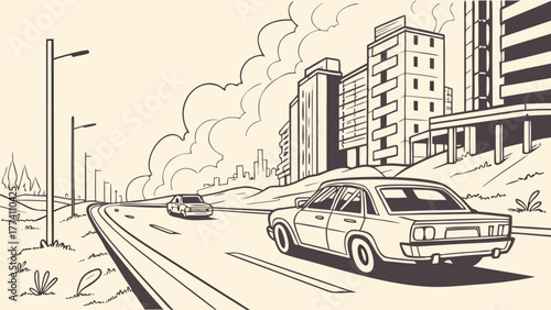 Urban Road with Cars and City Buildings Line Art Illustration