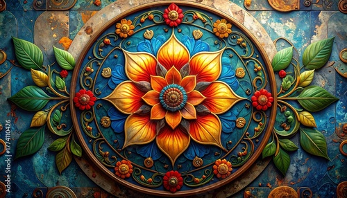 Vibrant floral mandala design bursting with color, perfect for meditation, yoga, and creating a sense of peace in any space