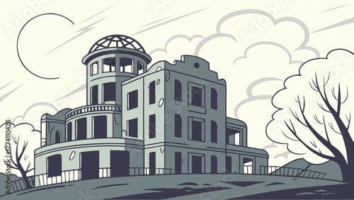 Historic Ruined Dome Building Illustration on Hill with Trees and Sky - Vector Art for Remembrance and Travel