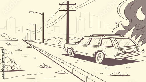 Post-apocalyptic urban landscape with a car on a desolate road and a city on fire.