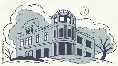 Stylized illustration of a historic building ruin with dome and moon, depicting war aftermath or decay