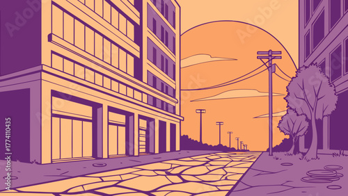 Stylized urban street illustration with cracked road, city buildings, and sunset sky in purple and orange tones