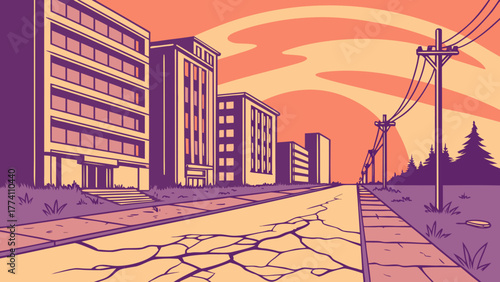 Cartoon Urban Street Scene: Cracked Road, Buildings, Power Poles, and Sunset Sky. Retro City Landscape Illustration.