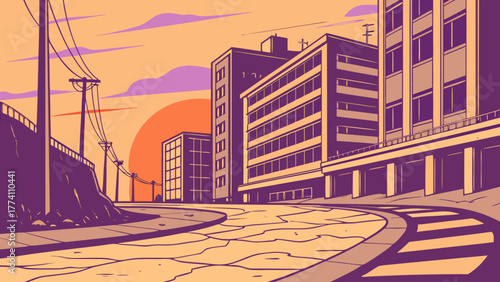 Retro vector city street at sunset with buildings, cracked road, power lines, and crosswalk