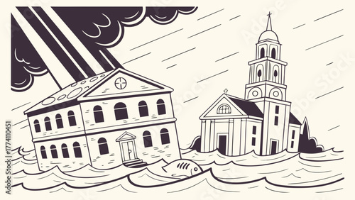 Flood disaster: Historic buildings and church submerged in water under heavy rain and storm clouds. Climate change concept.