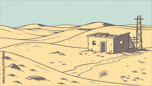 Desert landscape with abandoned building and old well structure. Retro illustration of desolate sand dunes under a clear sky.