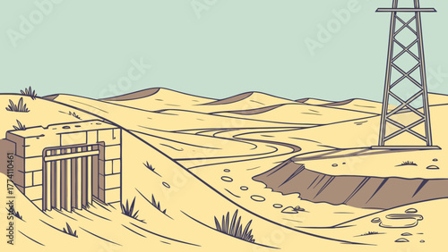 Desert landscape illustration with mysterious old gate, winding dirt road, and electric power transmission tower